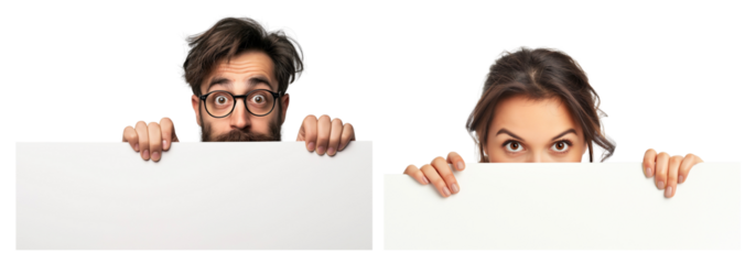 Close up portrait of funny man and woman peeking over white sign board isolated transparent background, cutout PNG
