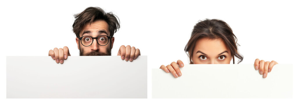 Close up portrait of funny man and woman peeking over white sign board isolated transparent background, cutout PNG