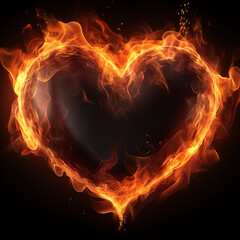 flame love fire heart shape on black background, AI generated