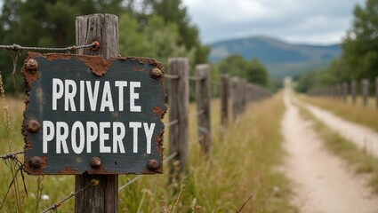 Obraz premium Rustic wooden fence with Private Property sign surrounded by tall grasses and a dirt road