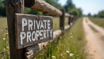 Rustic wooden fence with Private Property sign surrounded by tall grasses and a dirt road