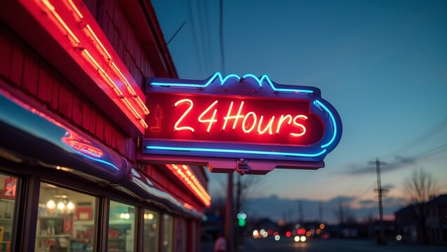 Neon Open 24 Hours sign above a chrome diner at dusk