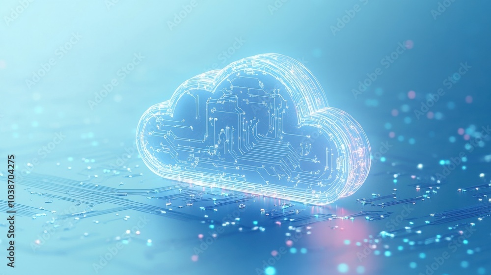 Poster cloud icon with circuits on light blue background computing theme