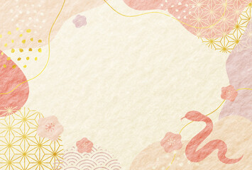 2025年　巳年の年賀状　梅と和柄　蛇のシルエット　和紙の背景　横