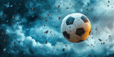 Naklejka premium soccer ball flying through air against stormy backdrop evokes excitement