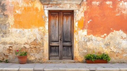 Rustic Wooden Door with Textured Wall and Planters