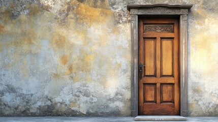 Rustic Wooden Door with Textured Wall Background
