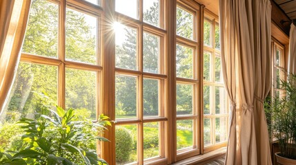 Bright Morning Light Through Wooden Window Frames