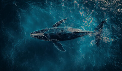 Fototapeta premium AI generator image of whale,Bryde's whale, Eden's whale in ocean ,Whale eating fish with brid flying up in the Thailand sea, Thailand Whale Tourism for geography the gulf of Thailand.