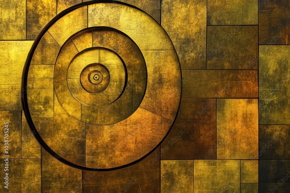 Poster a striking abstract pattern showcasing a golden spiral interlaced with squares and rectangles, highl