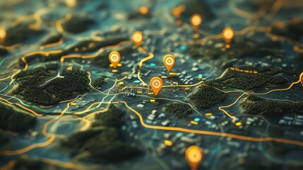 Conceptual image of a map with tracked assets marked by digital icons.
