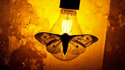 Delicate Moth Perched on the Warm Glass of a Glowing Bulb, Its Wings Gently Aglow, Capturing the Allure of Light and the Tension Between Safety and Risk