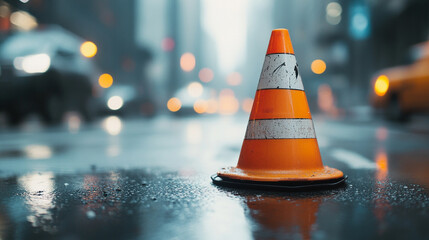 vibrant orange construction cone stands boldly in the midst of a chaotic urban scene, symbolizing resilience, caution, and stability. The cone contrasts with the bustling city, offering a moment of re