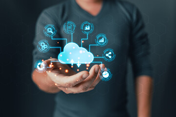 cloud technology.man hold icon cloud computing diagram. data storage.secure backup and consistency networking and internet service concept.implementing storage technology in business