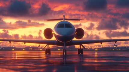 Jet Aircraft at Sunset on Airport Runway