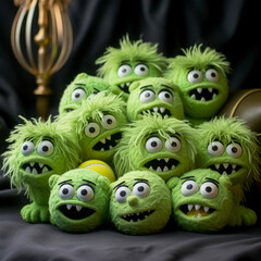 Fototapeta premium Group of adorable green monster plush toys with wide eyes and toothy grins, featuring a fuzzy texture, arranged together on a dark fabric background