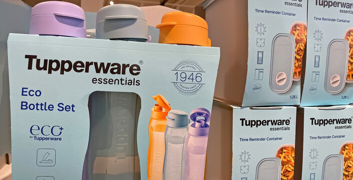 Viersen, Germany - October 9. 2024: Closeup of Tupperware products  in german store shelf (focus left)
