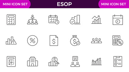 Set of Outline icons about ESOP employee stock ownership plan. Contains such icons as company, win-win, scheme and benefits.