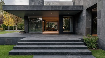 Naklejka premium Modern Architecture with Stone Steps and Green Lawn