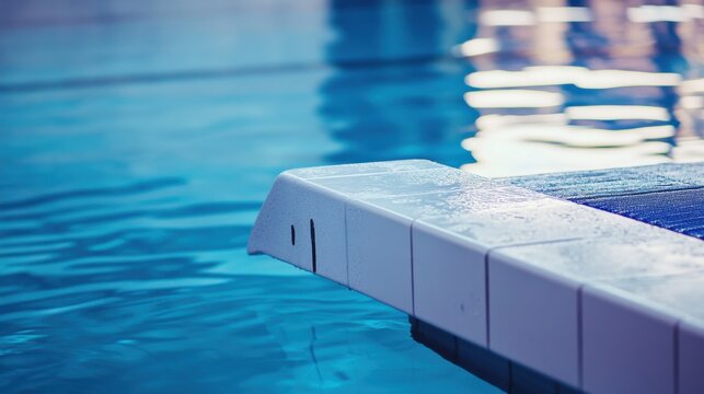 A swimmer's starting block at the poolside, indoor setting with clear blue water, Contemporary style