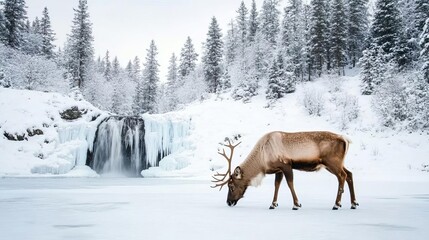 Reindeer grazing near a frozen waterfall, surrounded by snow-covered trees
