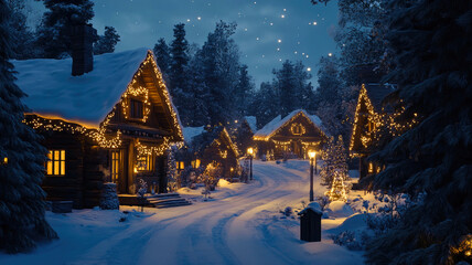 Fototapeta premium Village in festive lights at Christmas night, wooden houses covered with snow in winter forest. Concept of New Year