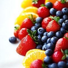 Fototapeta premium A vibrant assortment of fresh strawberries, blueberries, and orange slices arranged artistically.