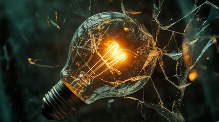 Shattered Light Bulb with Glowing Filament Inside