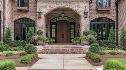 Fototapeta premium Elegant Brick Home Entrance with Lush Gardens