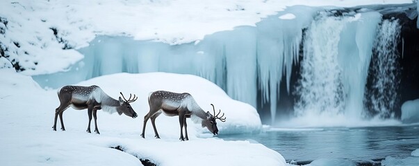 Reindeer grazing near an icy waterfall, peaceful Lapland winter scene
