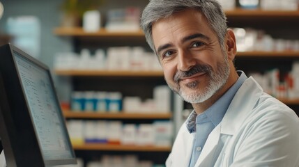 Fototapeta premium happy pharmacy owner looking at computer with medicine shelves in the background 