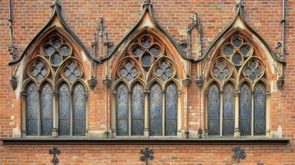 Obraz premium Detailed Gothic Windows on Brick Wall