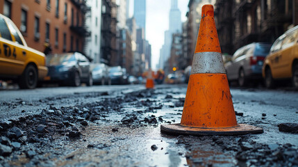 vibrant orange construction cone stands boldly in the midst of a chaotic urban scene, symbolizing resilience, caution, and stability. The cone contrasts with the bustling city, offering a moment of re