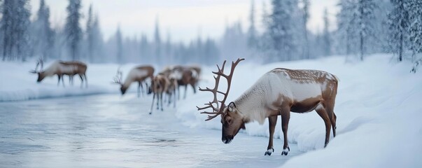 Obraz premium Reindeer herd grazing by a frozen river, peaceful winter beauty in Lapland