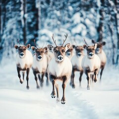 Obraz premium Reindeer herd running through a snow-covered forest, Lapland winter in motion