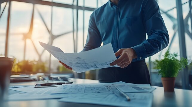 Wind turbine engineer in a sleek office, surrounded by blueprints and environmental reports, warm ambient lighting highlighting the detailed documents, mood of strategic planning and dedication