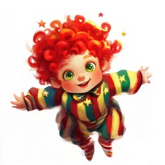 A cheerful cartoon clown with curly red hair and a colorful striped outfit, floating joyfully.
