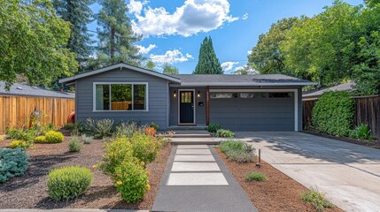 Fototapeta premium Modern Home with Lush Landscaping and Clear Sky