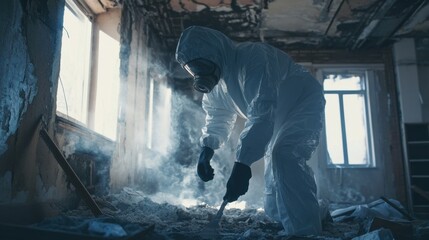 Specialist carefully removing asbestos from building interior
