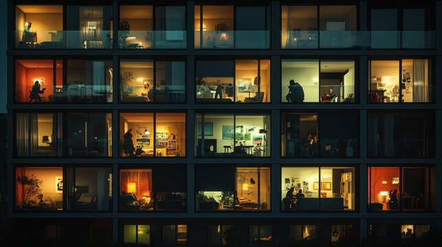 night multi-storey apartment building, front view, lights are on in many windows, silhouettes of different people