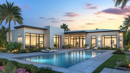 Fototapeta premium Modern villa with pool at sunset in a tropical setting