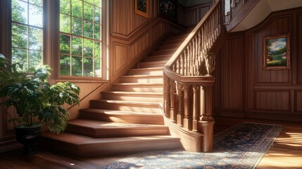 Elegant Wooden Staircase in Sunlit Interior
