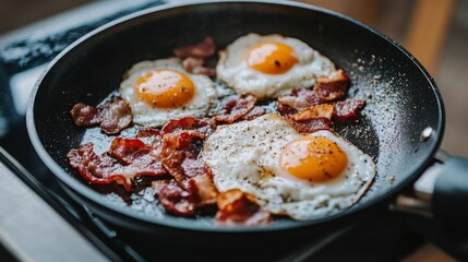 Sizzling Bacon and Eggs in a Frying Pan