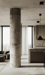 Modern kitchen with concrete pillar and window.