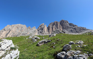 view of the Dolomites mountain range of the European Alps in Northern Italy in summer without people