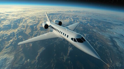 Fototapeta premium Futuristic Jet Flying Above Earth in Space