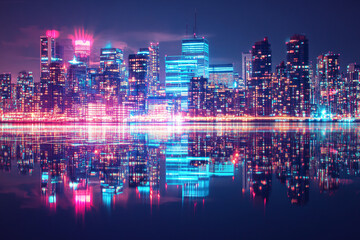 A city skyline at night with neon blue and pink lights reflecting off the water creating a vibrant, futuristic cityscape under the night sky
