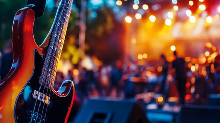 Obraz premium A vibrant music festival with live performances and enthusiastic crowds, Musical instruments and stage setups arranged for musical expression, Classic photo of