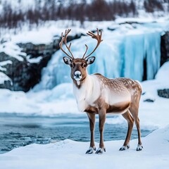 Naklejka premium Reindeer standing by a frozen waterfall, peaceful winter beauty in Lapland