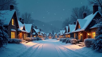 Cozy snowy village at night with glowing windows and falling snow